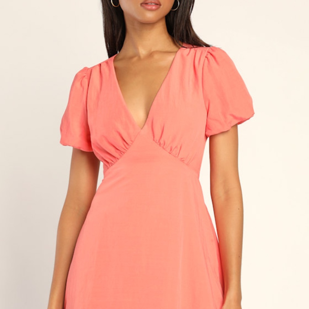 Lulus Sweet And Soulful Coral Puff Sleeve Tie Back Dress With Pockets Pink